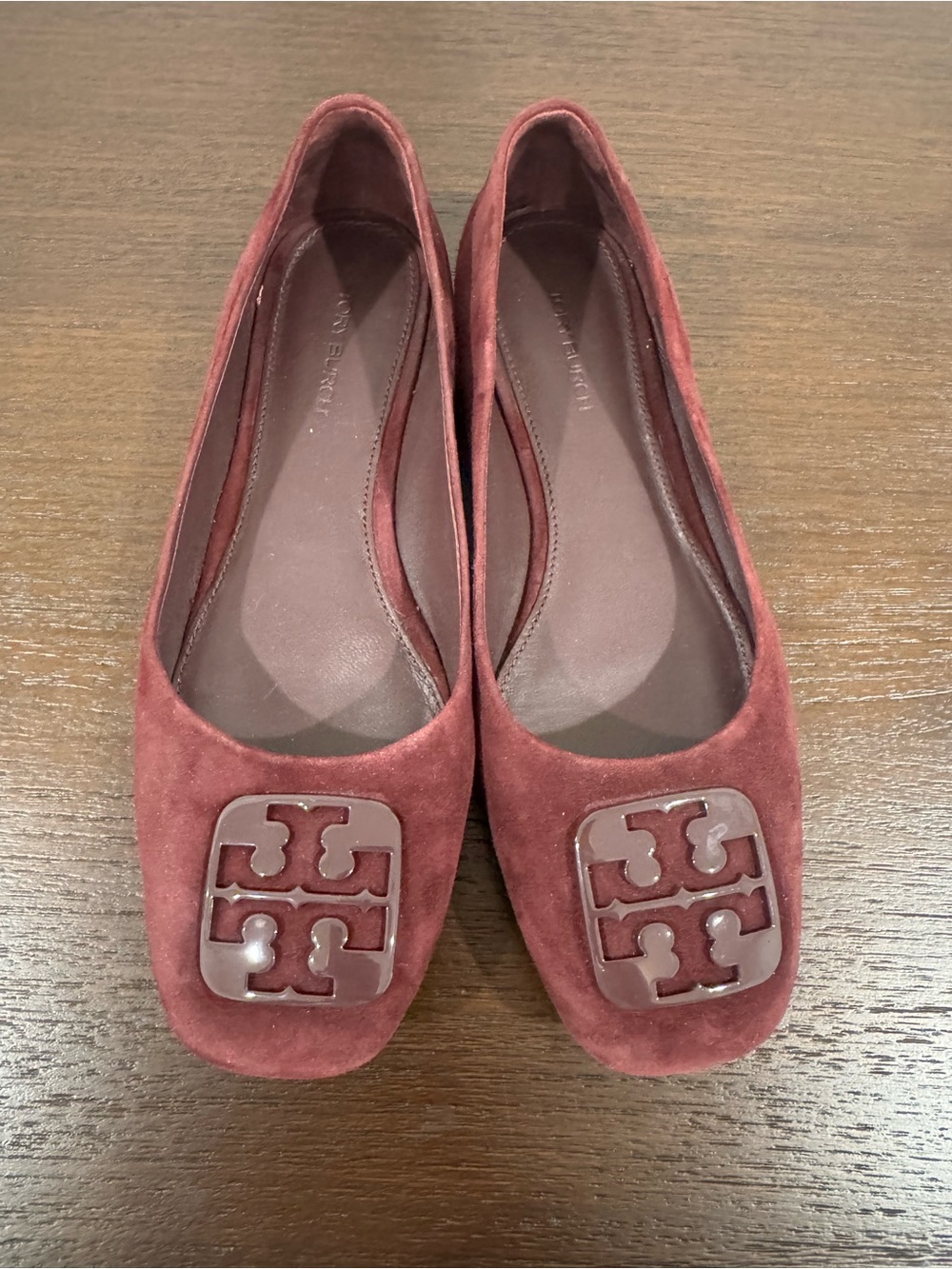 Tory Burch Wine Suede Logo Square-Toe Ballet Flats